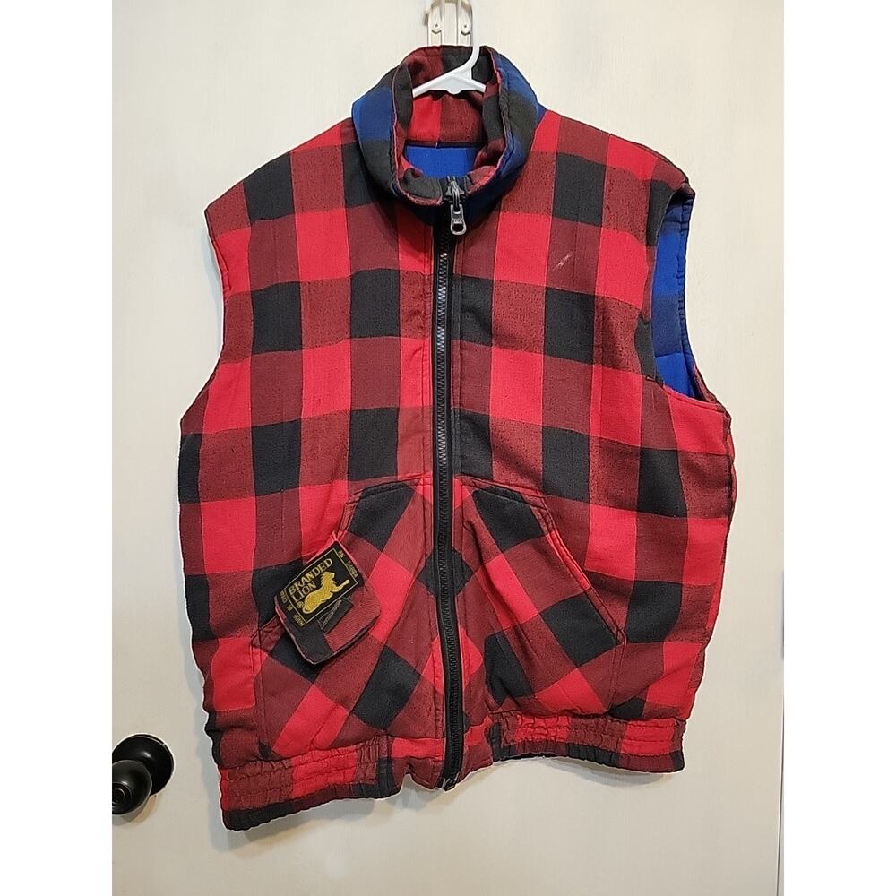 Branded Lion Reversible Buffalo Plaid Vest Men’s L Red Blue Quilted Lumberjack